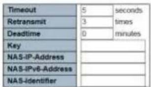 Timeout Retransmit Deadline Key NAS-IP-Address NAS-IPv6-Address NAS-Identifier 5 seconds 3 times 0 minutes