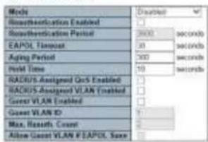 Mode Disaturation Enabled Disaturation Period EAPOL Tempout Aging Period Hold Time RADIUS Assigned QoS Enabled RADIUS Assigned VLAN Enabled Green VLAN Enabled Green VLAN ID Max. Assets Count Allow Green VLAN E:EAPOL Save Disabled seconds seconds seconds