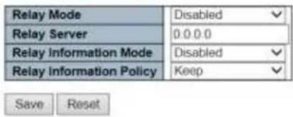 Relay Mode Disabled Relay Server 0.0.0.0 Relay Information Mode Disabled Relay Information Policy Keep Save Reset