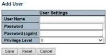 Add User User Settings User Name Password Password (again) Privilege Level 0 Save Reset Cancel
