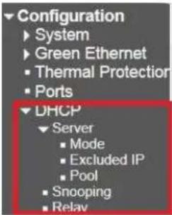 Configuration ► System ► Green Ethernet ► Thermal Protection ► Ports ► DHCP ► Server ■ Mode ■ Excluded IP ■ Pool ■ Snooping ■ Relav