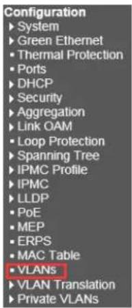 Configuration ► System ► Green Ethernet ► Thermal Protection ► Ports ► DHCP ► Security ► Aggregation ► Link OAM ► Loop Protection ► Spanning Tree ► IPMC Profile ► IPMC ► LLDP ► PoE ► MEP ► ERPS ► MAC Table ► VLANs ► VLAN Translation ► Private VLANs