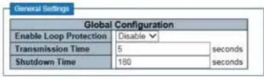 General Settings Global Configuration Enable Loop Protection Disable ▼ Transmission Time 5 seconds Shutdown Time 180 seconds