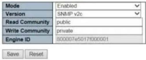 Mode Enabled Version SNMP v2c Read Community public Write Community private Engine ID 800007e5017f000001 Save Reset