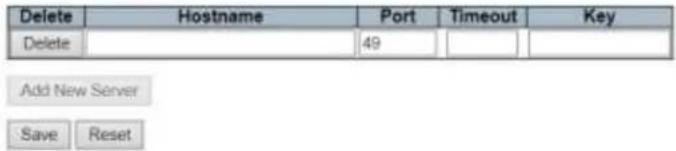 Delete Hostname Port Timeout Key Delete 49 Add New Server Save Reset