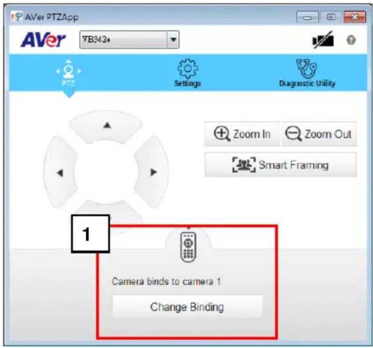 AVer PTZApp AVer VB342+ PTZ Settings Diagnostic Utility Zoom In Zoom Out Smart Framing 1 Camera binds to camera 1 Change Binding