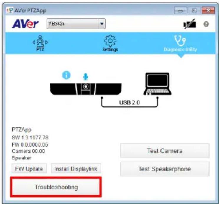 AVer PTZApp YB342+ PTZ Settings Diagnostic Utility USB 2.0 PTZApp SW 1.3.1077.78 FW 0.0.0000.05 Camera 00.00 Speaker FW Update Install Displaylink Test Camera Test Speakerphone Troubleshooting