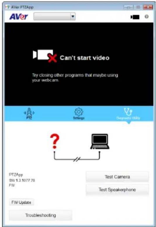 AVer PTZApp AVer Can't start video Try closing other programs that maybe using your webcam. PTZ Settings Deproctor Utility ? PTZApp SW 1.3.1077.78 FW Test Camera Test Speakerphone FW Update Troubleshooting
