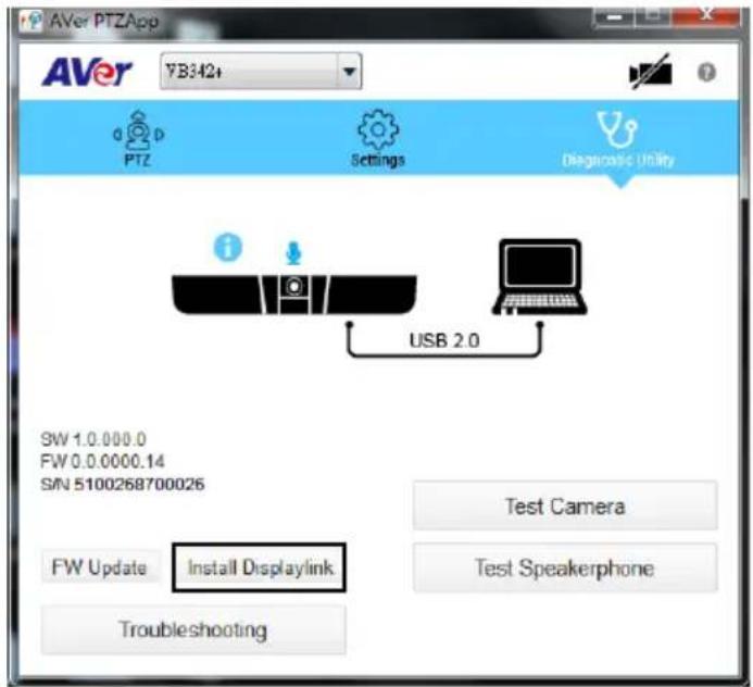 AVer PTZApp YB342+ PTZ Settings Diagnostic Utility USB 2.0 SW 1.0.000.0 FW 0.0.0000.14 SN 5100268700026 Test Camera FW Update Install Displaylink Test Speakerphone Troubleshooting