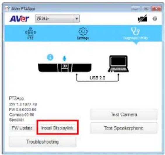 AVer PTZApp VB342+ PTZ Settings Diagnostic Utility USB 2.0 PTZApp SIV 1.3.1077.78 FW 0.0.0000.05 Camera 00.00 Speaker FW Update Install Displaylink Test Camera Test Speakerphone Troubleshooting