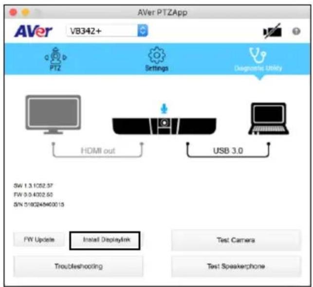 AVer PTZApp VB342+ PTZ Settings Diagnostic Utility HDMI out USB 3.0 SW 1.3.1002.57 FW 0.0.4002.60 SIN 5100245400015 FW Update Install Deployink Test Camera Troubleshooting Test Speakerphone