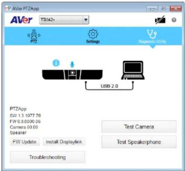 AVer PTZApp YB342+ PTZ Settings Diagnostic Utility USB 2.0 PTZApp SW 1.3.1077.78 FW 0.0.0000.06 Camera 00.00 Speaker FW Update Install Displaylink Test Camera Test Speakerphone Troubleshooting