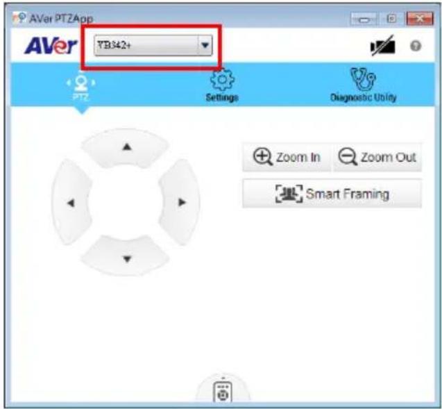 AVar PTZApp YB342+ PTZ Settings Diagnostic Utility Zoom In Zoom Out Smart Framing