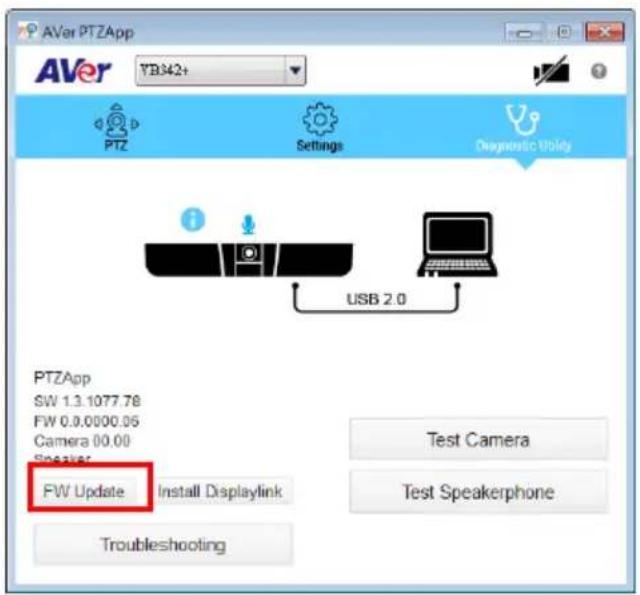 AVer PTZApp YB342+ PTZ Settings Diagnostic Utility USB 2.0 PTZApp SW 1.3.1077.78 FW 0.0.0000.05 Camera 00.00 Speaker FW Update Install Displaylink Test Camera Test Speakerphone Troubleshooting