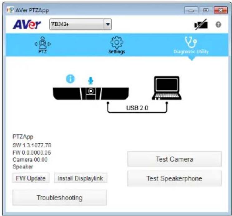 AVer PTZApp YB342+ PTZ Settings Diagnostic Utility USB 2.0 PTZApp SW 1.3.1077.78 FW 0.0.0000.06 Camera 00.00 Speaker Test Camera FW Update Install Displaylink Test Speakerphone Troubleshooting