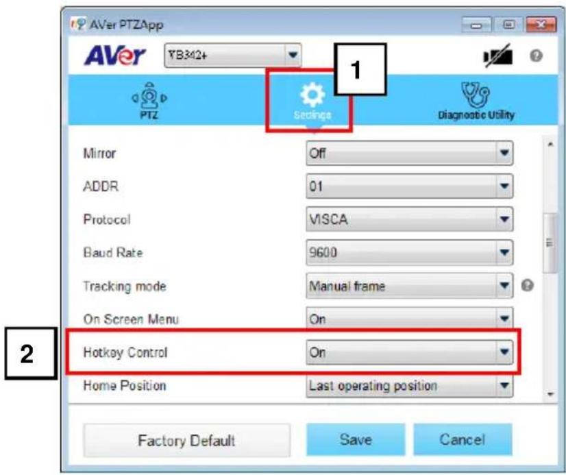 AVer PTZApp AVer YB342+ PTZ Settings Diagnostic Utility Mirror Off ADDR 01 Protocol VISCA Baud Rate 9600 Tracking mode Manual frame On Screen Menu On Hotkey Control On Home Position Last operating position Factory Default Save Cancel