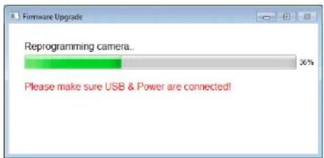 Firmware Upgrade Reprogramming camera... 36% Please make sure USB & Power are connected!