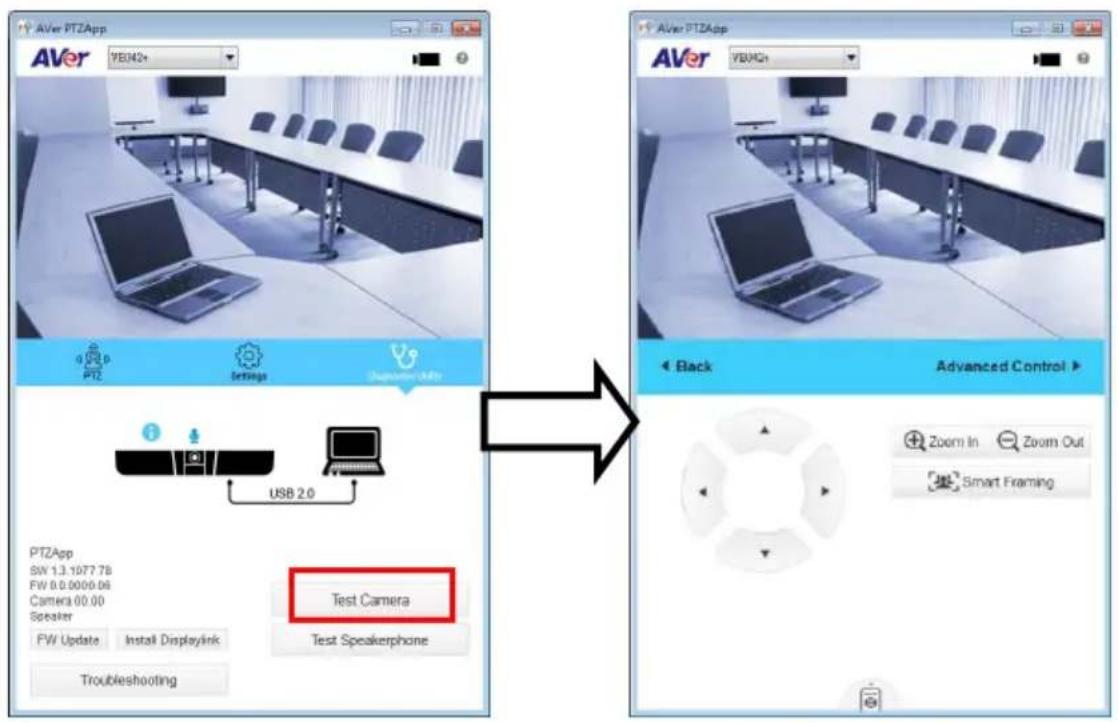 AVer PTZApp AVer YEN42+ PTZ Settings Diagnostic - AMI USB 2.0 PTZApp SW 1.3.1077.78 FW 0.0.0000.06 Camera 00.00 Speaker FW Update Install Displayink Test Camera Test Speakerphone Troubleshooting Back Advanced Control Zoom In Zoom Out Smart Framing