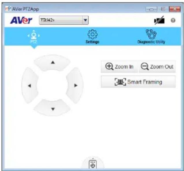 AVer PTZApp AVer YB342+ PTZ Settings Diagnostic Utility Zoom In Zoom Out Smart Framing