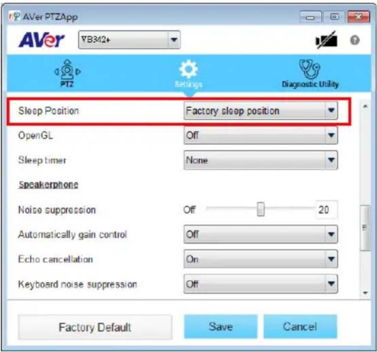 AVer PTZApp VB342+ PTZ Settings Diagnostic Utility Sleep Position Factory sleep position OpenGL Off Sleep timer None Speakerphone Noise suppression Off 20 Automatically gain control Off Echo cancellation On Keyboard noise suppression Off Factory Default Save Cancel