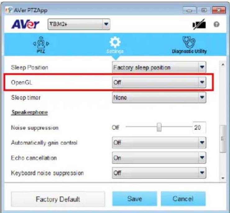 AVer PTZApp YB342+ PTZ Settings Diagnostic Utility Sleep Position Factory sleep position OpenGL Off Sleep timer None Speakerphone Noise suppression OFF 20 Automatically gain control Off Echo cancellation On Keyboard noise suppression Off Factory Default Save Cancel