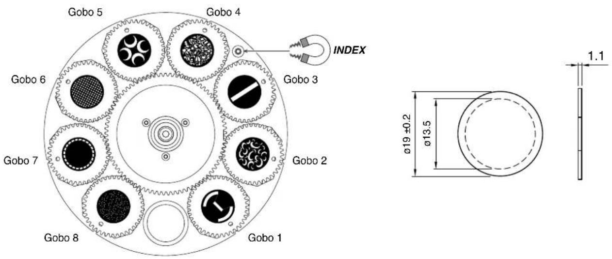 Gobo 5 Gobo 4 INDEX Gobo 6 Gobo 3 Gobo 2 Gobo 7 Gobo 8 Gobo 1 1.1 Ø19 ±0.2 Ø13.5