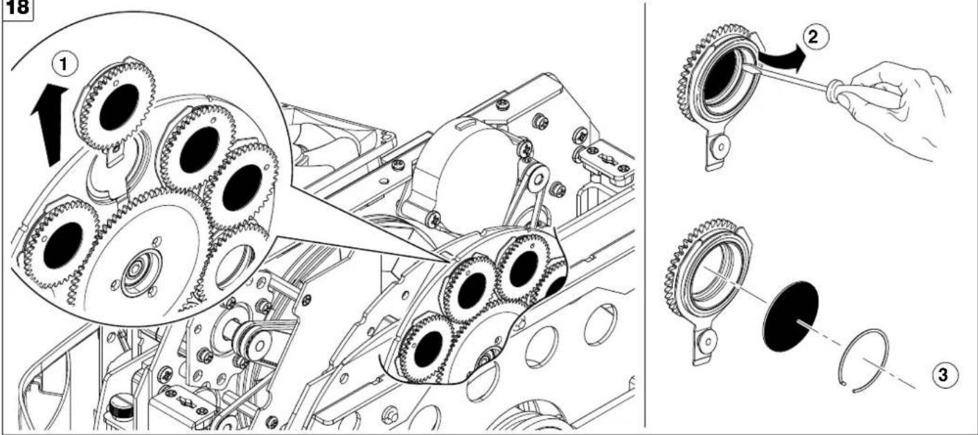Technical diagram illustrating gear assembly and disassembly steps with numbered annotations
