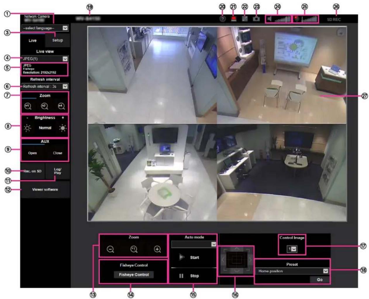 Network Camera --select language-- Live Setup Live view JPEG(1) JPEG Fisheye Resolution: 2192x2192 Refresh interval Refresh interval : 3s Zoom Brightness Normal AUX Open Close Rec. on SD Log/Play Viewer software Zoom Auto mode Start Stop Control Image Preset Home position Go