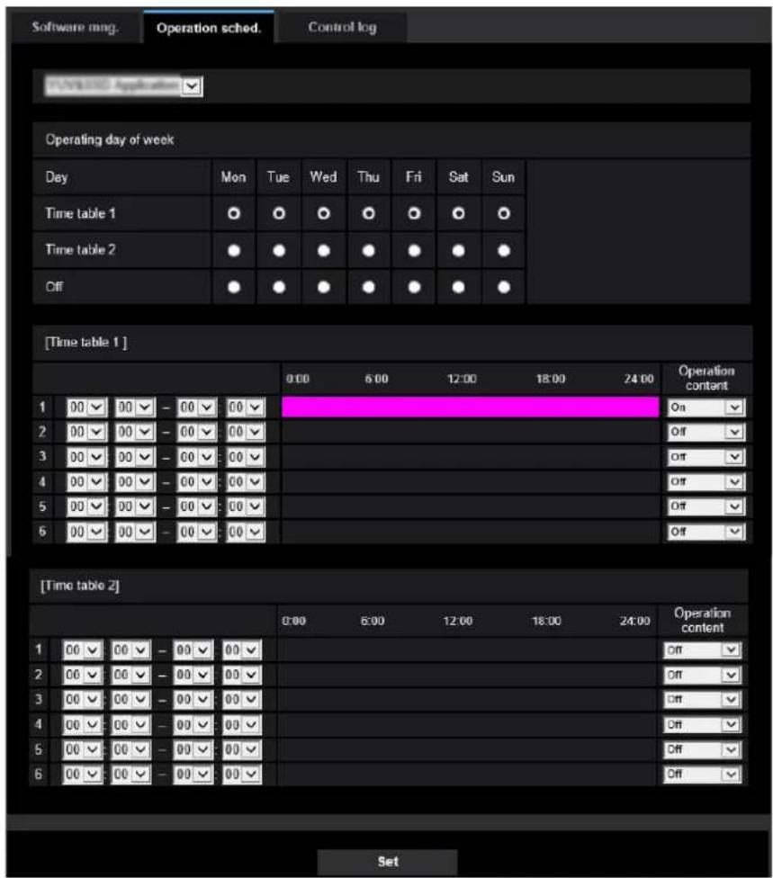 Operating day of week Day Mon Tue Wed Thu Fri Sat Sun Time table 1 ○ ○ ○ ○ ○ ○ ○ Time table 2 ○ ○ ○ ○ ○ ○ ○ Off ○ ○ ○ ○ ○ ○ ○ [Time table 1] 0:00 6:00 12:00 18:00 24:00 Operation content 1 00 00 - 00 00 On 2 00 00 - 00 00 Off 3 00 00 - 00 00 Off 4 00 00 - 00 00 Off 5 00 00 - 00 00 Off 6 00 00 - 00 00 Off [Time table 2] 0:00 6:00 12:00 18:00 24:00 Operation content 1 00 00 - 00 00 Off 2 00 00 - 00 00 Off 3 00 00 - 00 00 Off 4 00 00 - 00 00 Off 5 00 00 - 00 00 Off 6 00 00 - 00 00 Off Set
