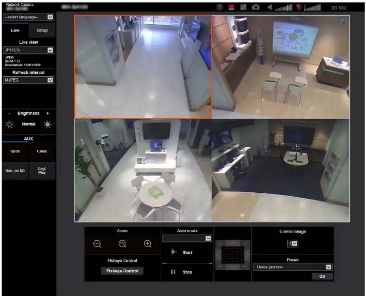 Network Camera --select language-- Live Setup Live view JPEG(1) JPEG Quad PTZ Resolution: 1000x1200 Refresh interval MJPEG - Brightness + Normal AUX Open Close Rec. on SD Log/Play Zoom Auto mode Control Image Fisheye Control Start Preset Home position Go