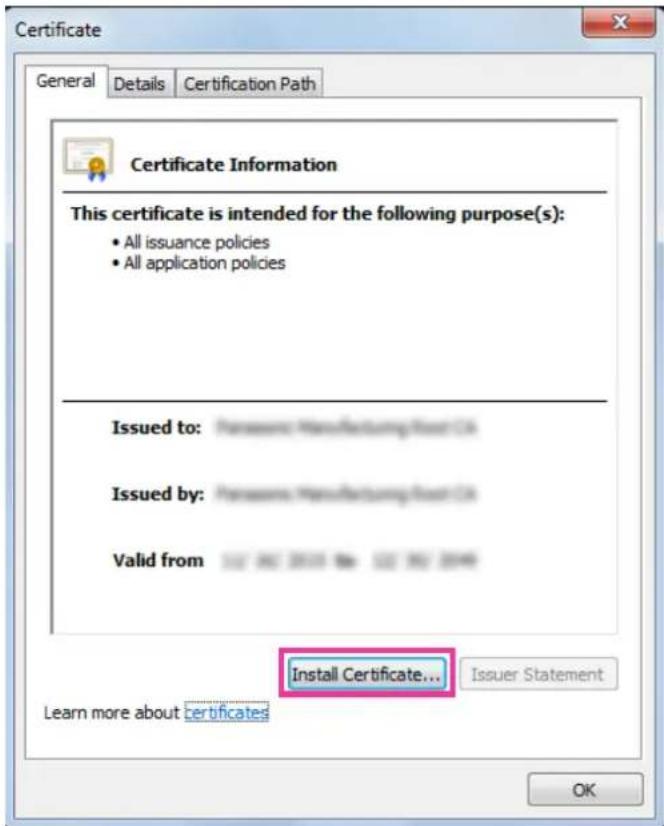 Certificate General Details Certification Path Certificate Information This certificate is intended for the following purpose(s): • All issuance policies • All application policies Issued to: Professional Manufacturing Bank CI Issued by: Professional Manufacturing Bank CI Valid from: 102.00.2019 00:00.00.2019 Install Certificate... Issuer Statement Learn more about certificates OK