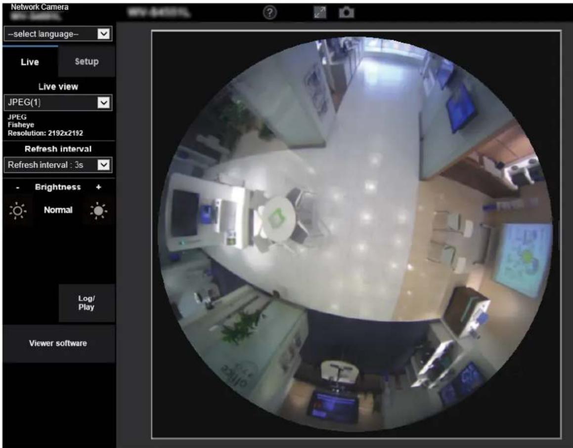 Network Camera --select language-- Live Setup Live view JPEG(1) JPEG Fisheye Resolution: 2192x2192 Refresh interval Refresh interval : 3s Brightness + Normal Log/ Play Viewer software