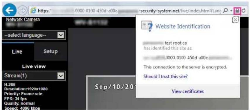 Network Camera --select language-- Live Setup Live view Stream(1) H.265 Resolution:1920x1080 Priority: Frame rate FPS: 30 fps Quality: normal Speed: 4096 kbps Sep/10/20 Website Identification test root ca has identified this site as: .0000-0100-450d-a00e... This connection to the server is encrypted. Should I trust this site? View certificates