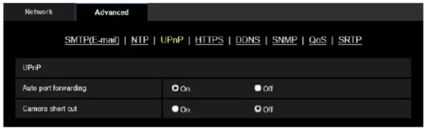 Network Advanced SMTP(E-mail) | NTP | UPnP | HTTPS | DDNS | SNMP | QoS | SRTP UPnP Auto port forwarding On Off Camera short cut On Off