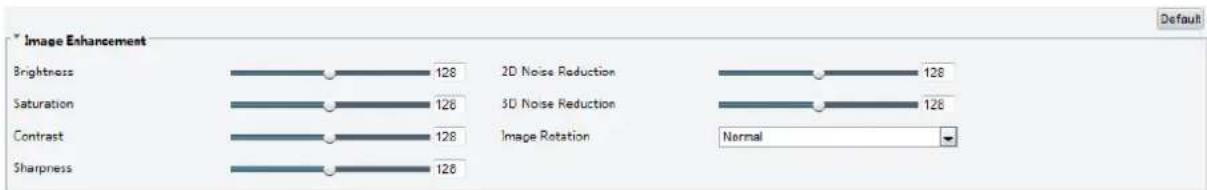 Image Enhancement Brightness 128 2D Noise Reduction 128 Saturation 128 3D Noise Reduction 128 Contrast 128 Image Rotation Normal Sharpness 126