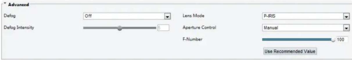 Advanced Defog Off Lens Mode P-IRIS Defog Intensity 5 Aperture Control Manual F-Number 100 Use Recommended Value