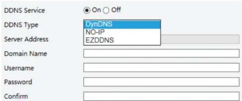 DDNS Service On Off DDNS Type DynDNS NO-IP EZDDNS Server Address Domain Name Username Password Confirm
