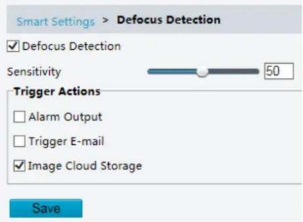 Smart Settings > Defocus Detection ✓ Defocus Detection Sensitivity 50 Trigger Actions □ Alarm Output □ Trigger E-mail ✓ Image Cloud Storage Save