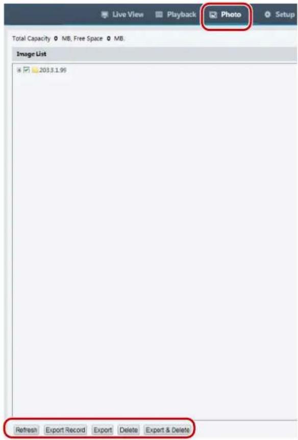 Live View Playback Photo Setup Total Capacity ○ MB, Free Space ○ MB; Image List 203.3.1.99 Refresh Export Record Export Delete Export & Delete