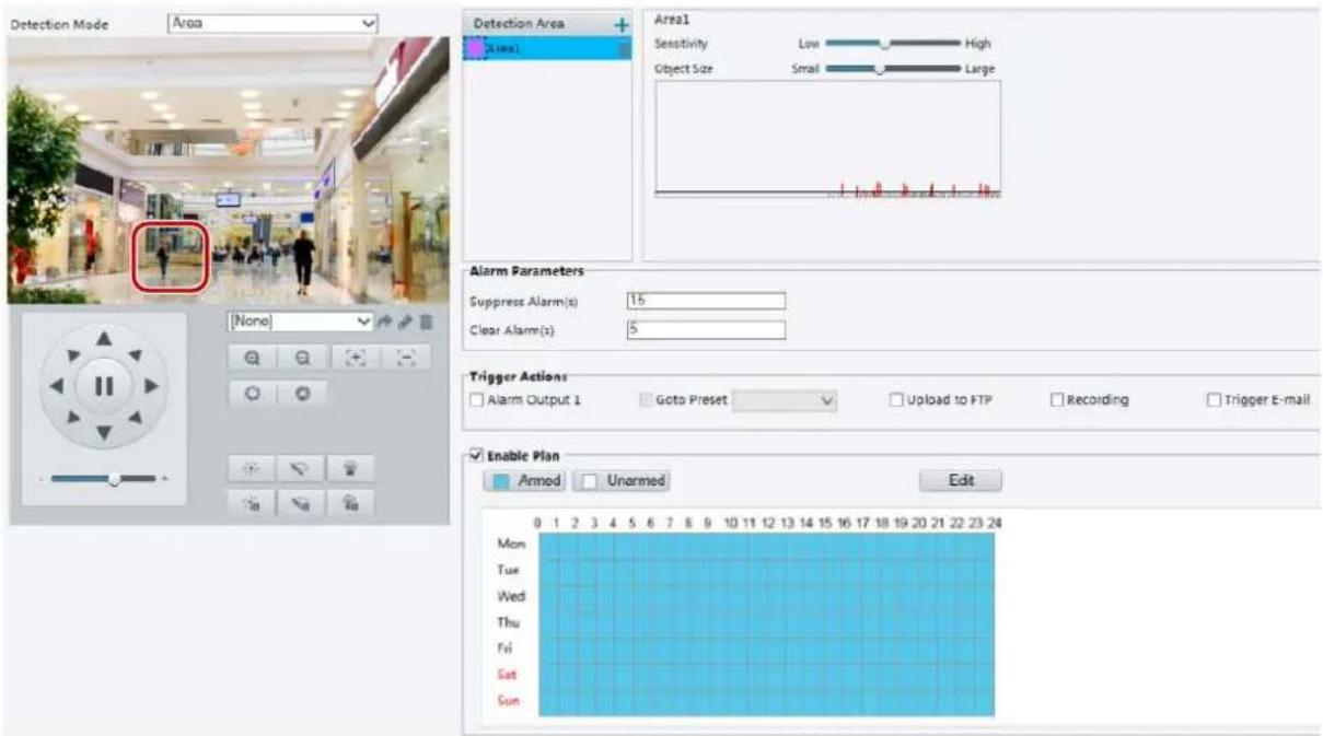 Detection Mode Area Detection Area + Area1 Sensitivity Low High Object Size Small Large Alarm Parameters Suppress Alarm(s) 15 Clear Alarm(s) 5 Trigger Actions Alarm Output I Goto Preset Upload to FTP Recording Trigger E-mail Enable Plan Armed Unarmed Edit Mon Tue Wed Thu Fri Sat Sun