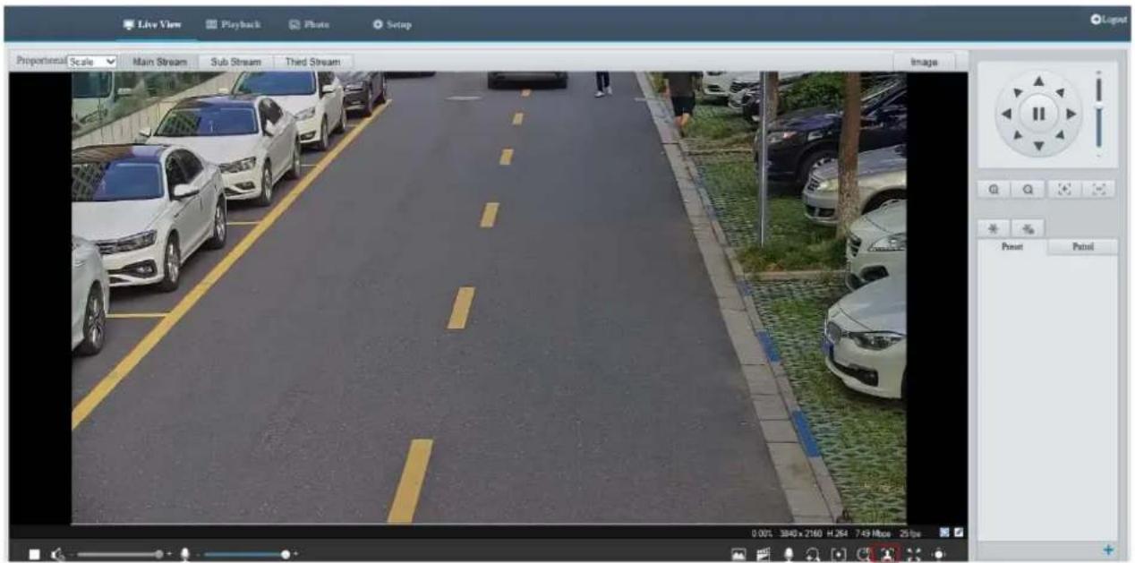 Live View Playback Photo Setup Proportional Scale Main Stream Sub Stream Third Stream Image 0.001 3840x2160 H:264 749 Maps 25fps Preset Panel