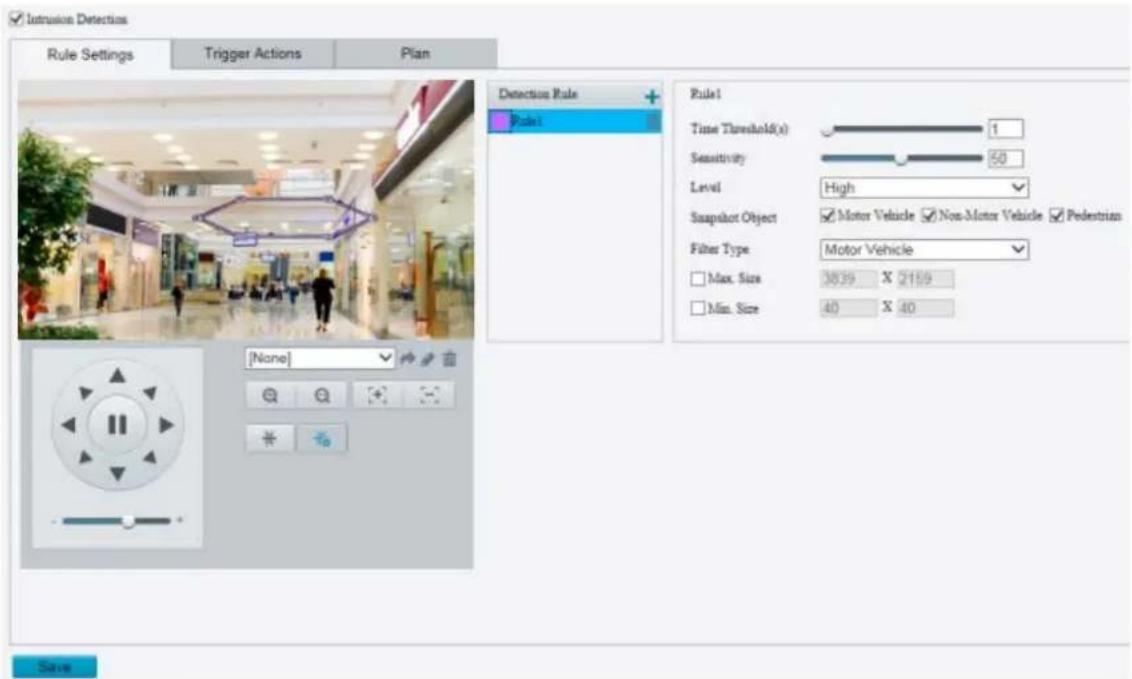 Intrusion Detection Rule Settings Trigger Actions Plan Detection Rule Rule1 Rule1 Time Threshold(x) 1 Sensitivity 50 Level High Snapshot Object ☑ Motor Vehicle ☑ Non-Motor Vehicle ☑ Pedestrian Filter Type Motor Vehicle □ Max. Size 3839 X 2159 □ Min. Size 40 X 40 [None] Save