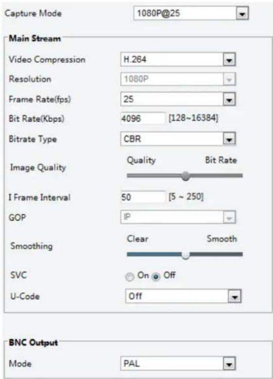 Capture Mode 1080P@25 Main Stream Video Compression H.264 Resolution 1080P Frame Rate(fps) 25 Bit Rate(Kbps) 4096 [128~16384] Bitrate Type CBR Image Quality Quality Bit Rate I Frame Interval 50 [5 ~ 250] GOP IP Smoothing Clear Smooth SVC On Off U-Code Off BNC Output Mode PAL