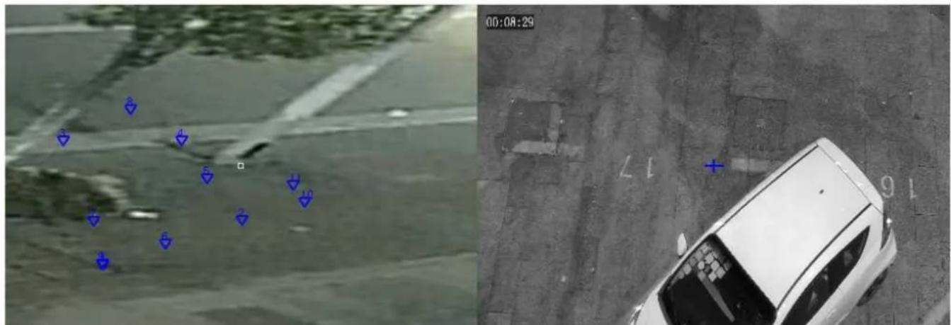 Two surveillance feeds: left shows a traffic detection scene with numbered points, right shows a white car on pavement with marked lane numbers and a blue plus sign.