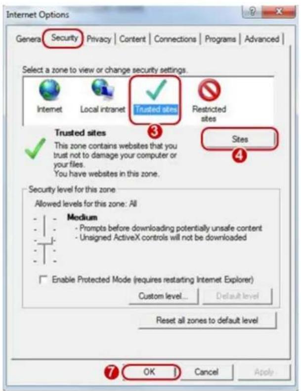 Internet Options General Security Privacy Content Connections Programs Advanced Select a zone to view or change security settings. Internet Local intranet Trusted sites Restricted sites Trusted sites 3 Sites ✓ This zone contains websites that you trust not to damage your computer or your files. You have websites in this zone. Security level for this zone Allowed levels for this zone: All Medium - Prompts before downloading potentially unsafe content - Unsigned ActiveX controls will not be downloaded Enable Protected Mode (requires restarting Internet Explorer) Custom level... Default level Reset all zones to default level OK Cancel Apply