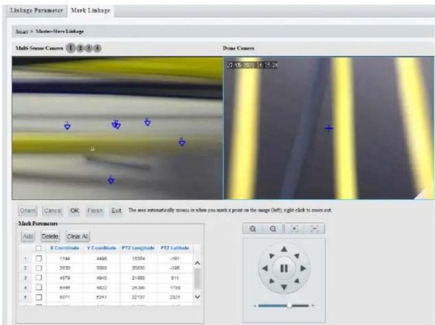 Linkage Parameter Mark Linkage Smart > Master-Slave Linkage Multi-Sensor Camera ① ② ③ ④ Done Camera 27.05.2020 18:15:20 Orient Cancel OK Final Exit The area automatically scores in where you mark a point on the image (Left), right click to room out. Mark Parameters Add Delete Clear AI X Coordinate Y Coordinate PTZ Longitude PTZ Latitude 1 144 446 1354 -581 2 2930 5068 20650 -395 3 4879 6940 21808 811 4 6445 4822 24286 1798 5 8071 5241 22707 2323 Q Q