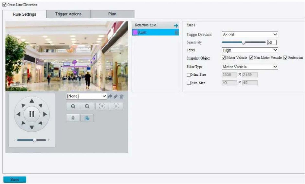 Cross Line Detection Rule Settings Trigger Actions Plan Detection Rule Rule1 Rule1 Trigger Direction A<->B Sensitivity 50 Level High Snapshot Object Motor Vehicle Non-Motor Vehicle Pedestrian Filter Type Motor Vehiclo Max. Size 3839 X 2159 Min. Size 40 X 40 [None] Save