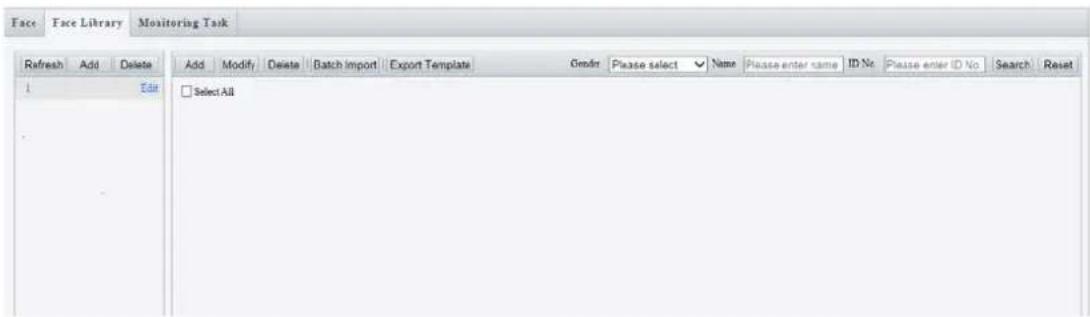 Face Face Library Monitoring Task Refresh Add Delete Add Modify Delete Batch import Export Template Gender Please select Name Please enter name ID No Please enter ID No(Search Reset 1 Eld □ Select All