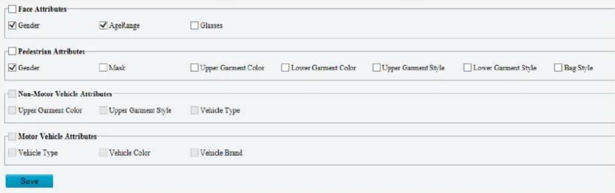 Face Attributes ✓ Gender ✓ AgeRange ✓ Glasses Pedestrian Attributes ✓ Gender ✓ Mask ✓ Upper Garment Color ✓ Lower Garment Color ✓ Upper Garment Style ✓ Lower Garment Style ✓ Bag Style Non-Motor Vehicle Attributes ✓ Upper Garment Color ✓ Upper Garment Style ✓ Vehicle Type Motor Vehicle Attributes ✓ Vehicle Type ✓ Vehicle Color ✓ Vehicle Brand Save