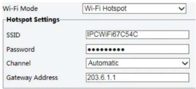 Wi-Fi Mode Wi-Fi Hotspot Hotspot Settings SSID IPCWiFi67C54C Password ************ Channel Automatic Gateway Address 203.6.1.1
